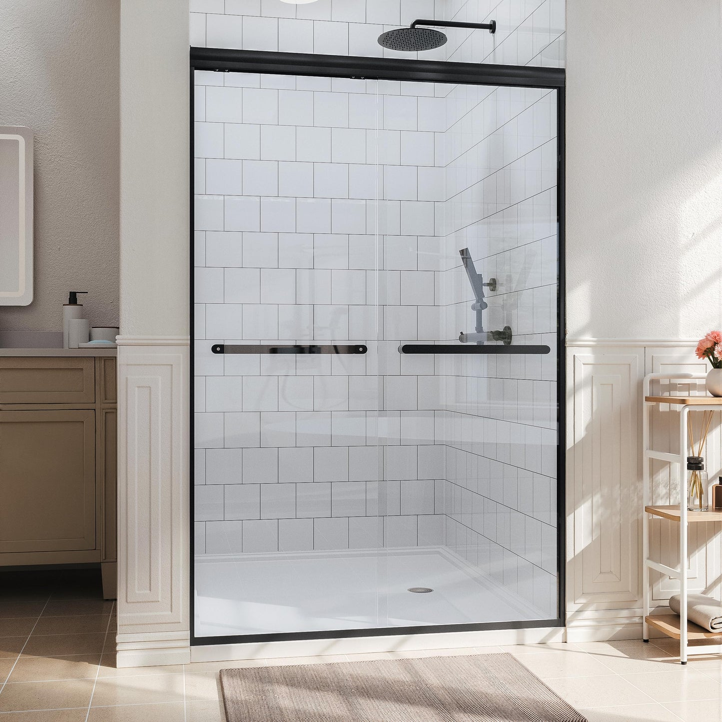 Kullavik Shower Door 44-48'' W x 72'' H Semi-Frameless Bypasss Bathroom Glass Shower Double Sliding Doors,1/4'' (6mm) Clear SGCC Tempered Glass with Explosion-Proof Film,Black