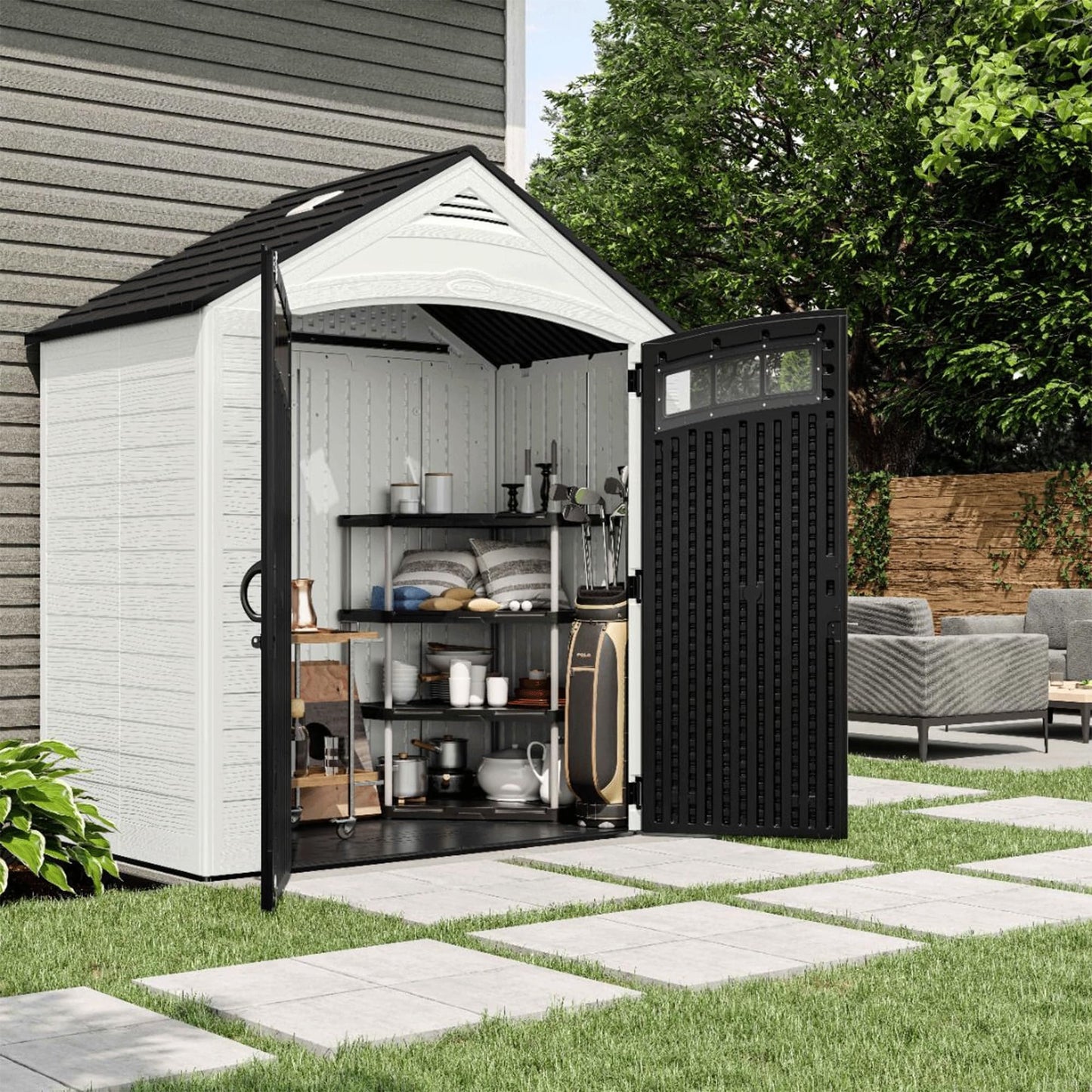 Suncast 7x4 Ft. Vista Vertical Resin Shed - Outdoor Storage Shed with Floor, Double Doors, IllumiVent™ Ventilation, Reinforced Resin Panels - Ideal for Ladders, Long-Handled Tools, & Garden Equipment