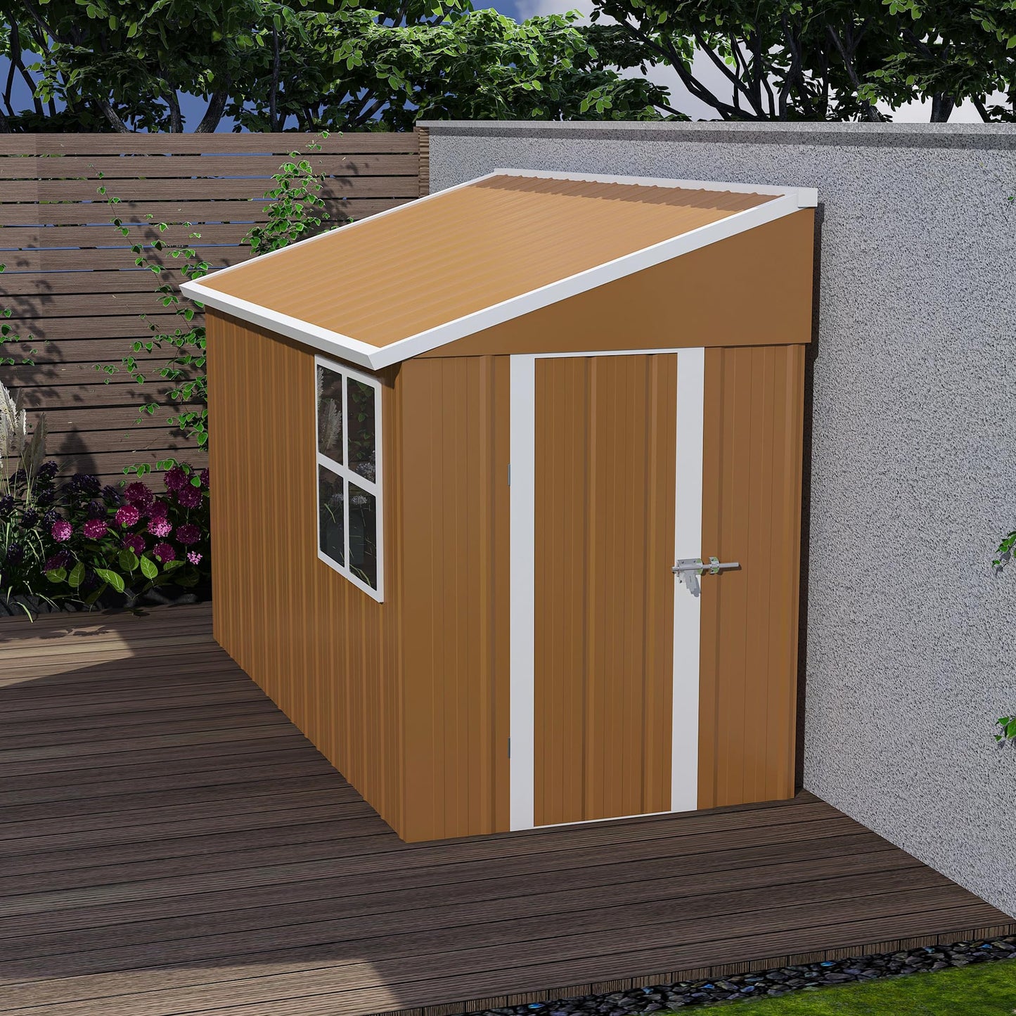 GDFStudio 8x4 FT Heavy-Duty Metal Storage Shed with Hinged Door, Windows & Ventilation, Weatherproof Galvanized Steel Outdoor Garden Shed for Backyard Lawn Patio Tool Storage, Brown, Without Floor
