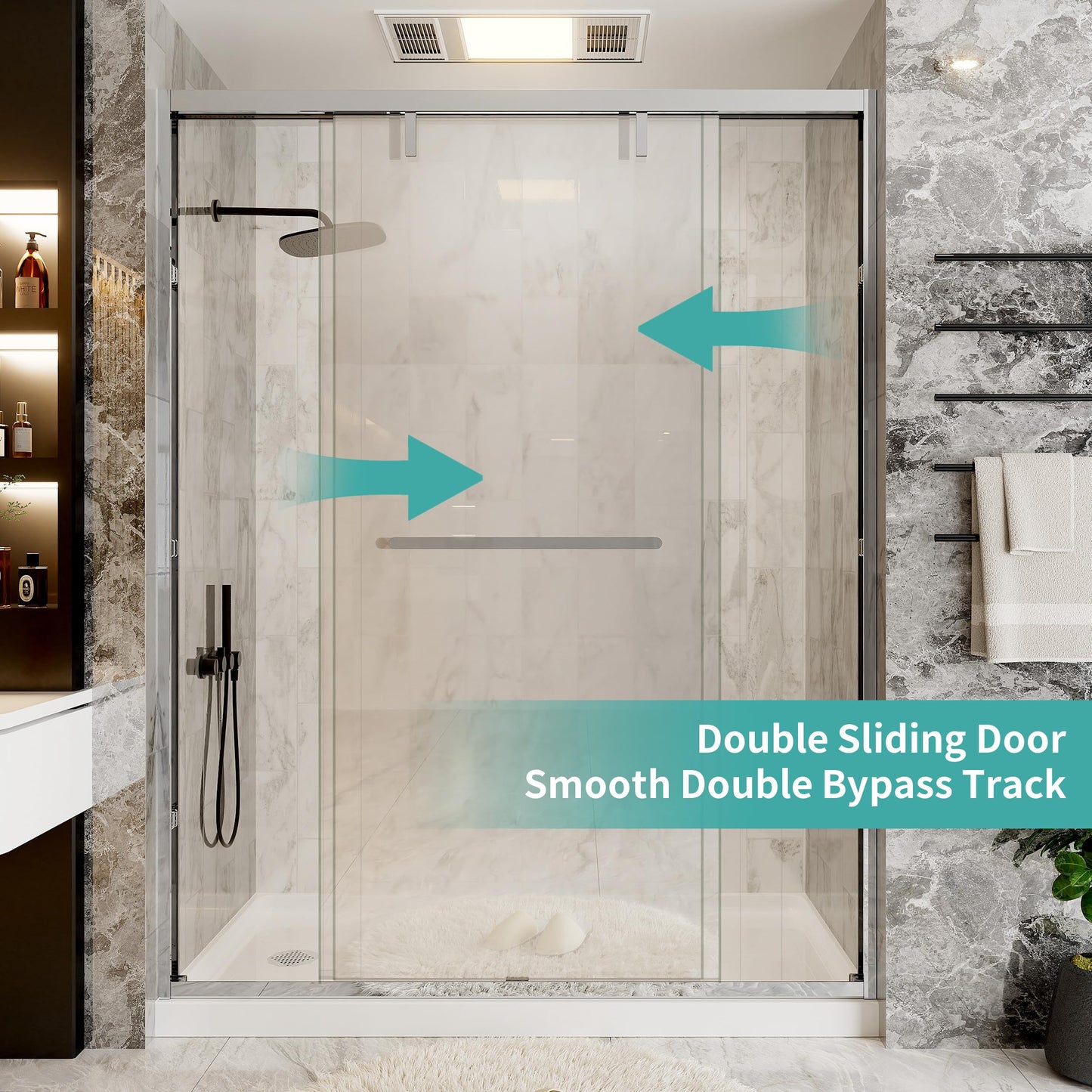 56–60" W x 76" H Chrome Double Sliding Shower Door, Semi-Frameless Soft-Close Bypass Shower Glass Door with 5/16" (8mm) SGCC Tempered Glass and Explosion-Proof Film