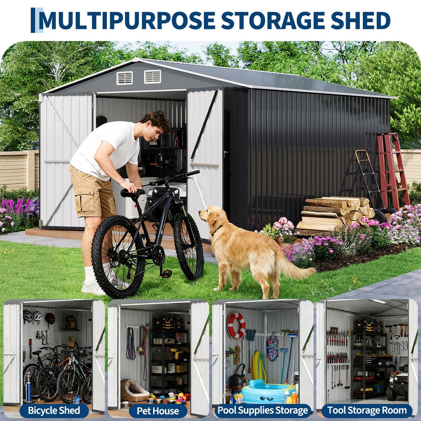 Garvee 10 x 12 ft Outdoor Storage Shed, Heavy-Duty Waterproof Tool Shed Storage with Lockable Door, Vents and Updated Frame Structure, Large Metal Tool Shed for Backyard, Patio Lawn, Grey