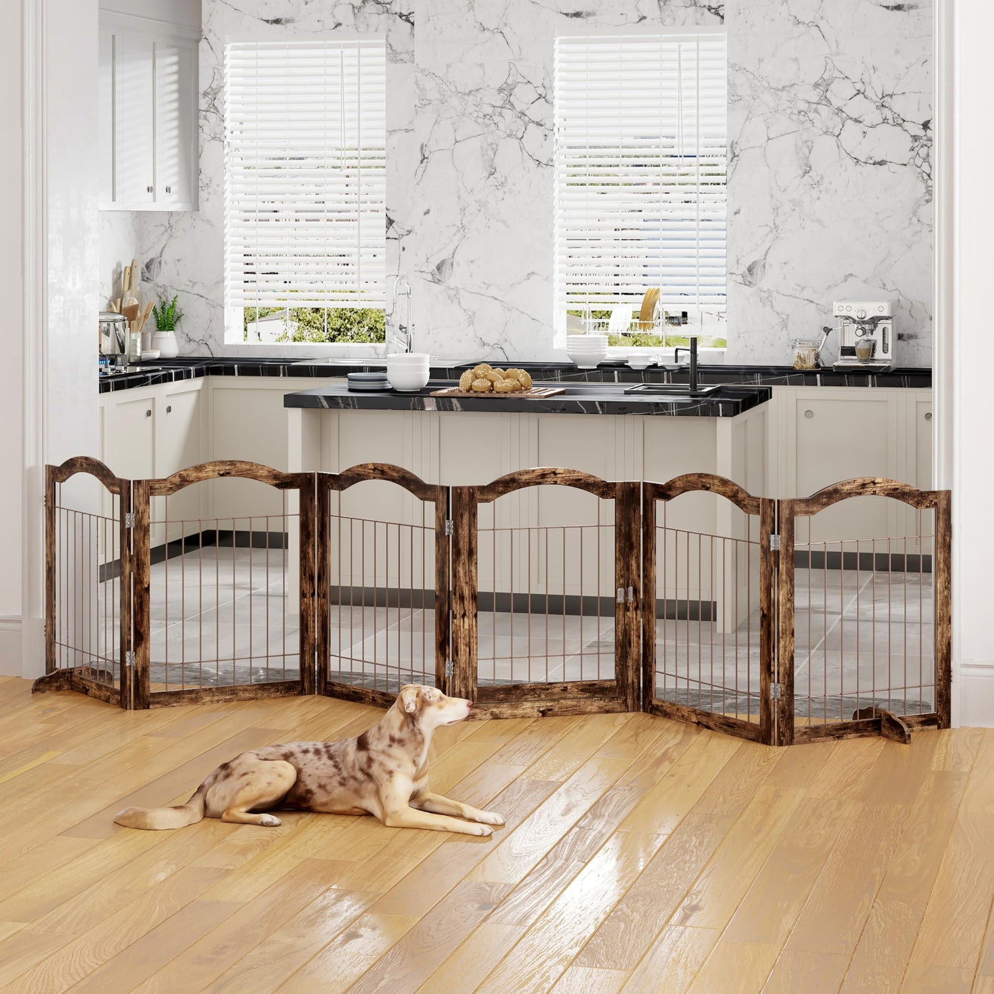Vantas Folding No-Assembly Dog Door Pet Gate 144" Wide, 30" Tall Wooden Dog Gate with Door Walk Through, Freestanding Wire Pet Gate, Pet Puppy Safety Fence, with 2PCS Support - Rustic Brown
