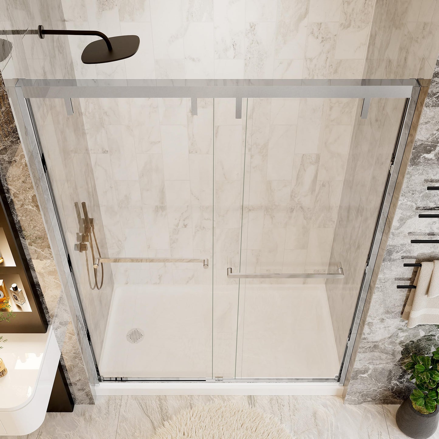 56–60" W x 76" H Chrome Double Sliding Shower Door, Semi-Frameless Soft-Close Bypass Shower Glass Door with 5/16" (8mm) SGCC Tempered Glass and Explosion-Proof Film