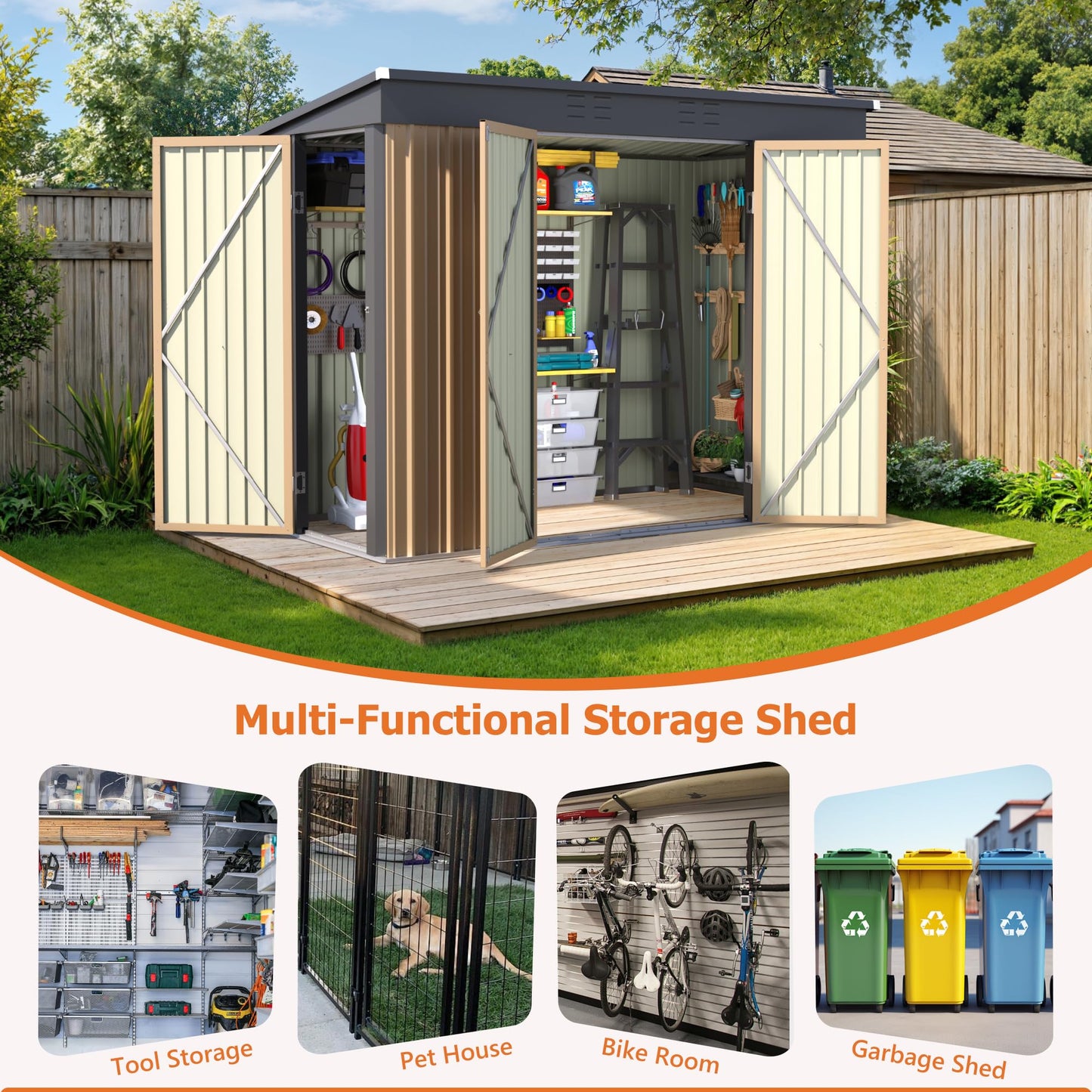 JUMMICO 8x4 FT Outdoor Storage Shed, Heavy Duty Tool Metal Sheds with 3 Lockable Doors and Updated Frame Structure for Backyard Patio Lawn, Brown