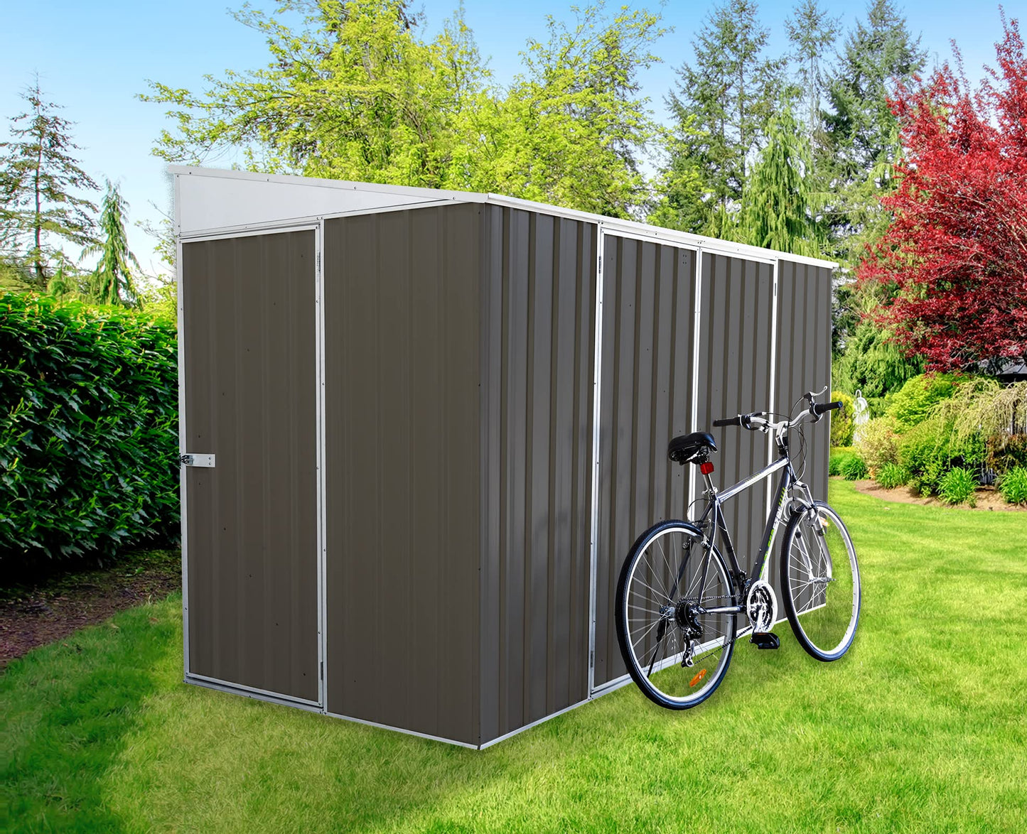 Absco Durango 5 Ft. x 10 Ft. Metal Storage Shed DIY Three Door Woodland Gray Galvanized Steel Bike Shed for Tools, Lawn & Garden Equipment, Outdoor Patio Furniture, Garden Lean to Shed Kit