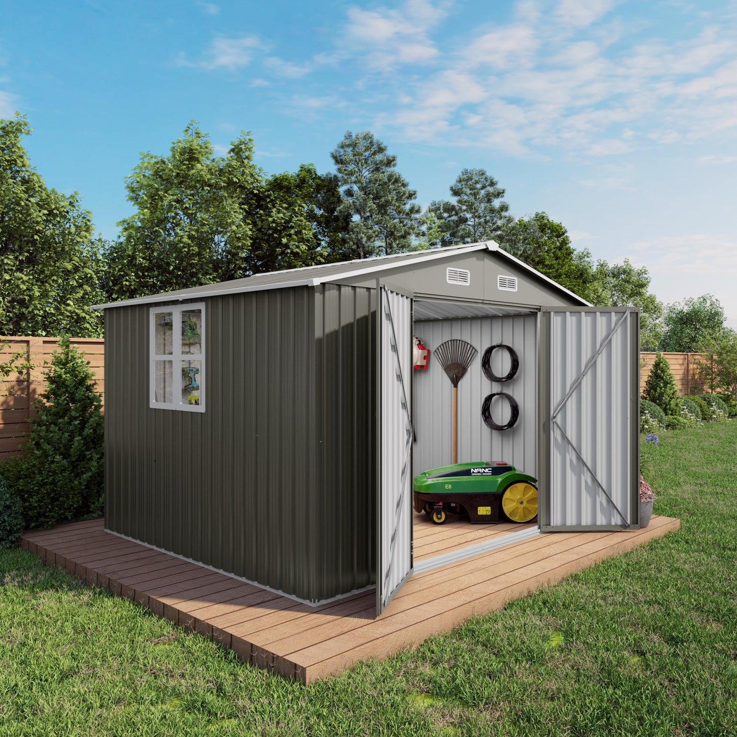 120"x96"x76.4" Metal Storage Shed Outdoor Garden Tool Shed, Galvanized Steel Lockable Backyard Organizer, Double Door Utility Shed with Windows for Lawn Equipment, Bikes, Patio & Backyard Storage