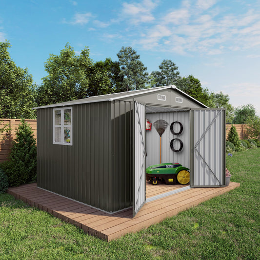 120"x96"x76.4" Metal Storage Shed Outdoor Garden Tool Shed, Galvanized Steel Lockable Backyard Organizer, Double Door Utility Shed with Windows for Lawn Equipment, Bikes, Patio & Backyard Storage