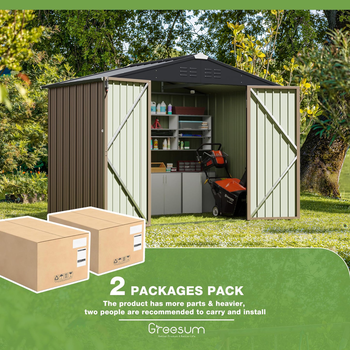 Greesum 8x6FT Outdoor Storage Shed, Utility Tool Shed with Sloping Roof, Metal Storaged Garden Shed with Door & Lock for Patio Storage, Brown