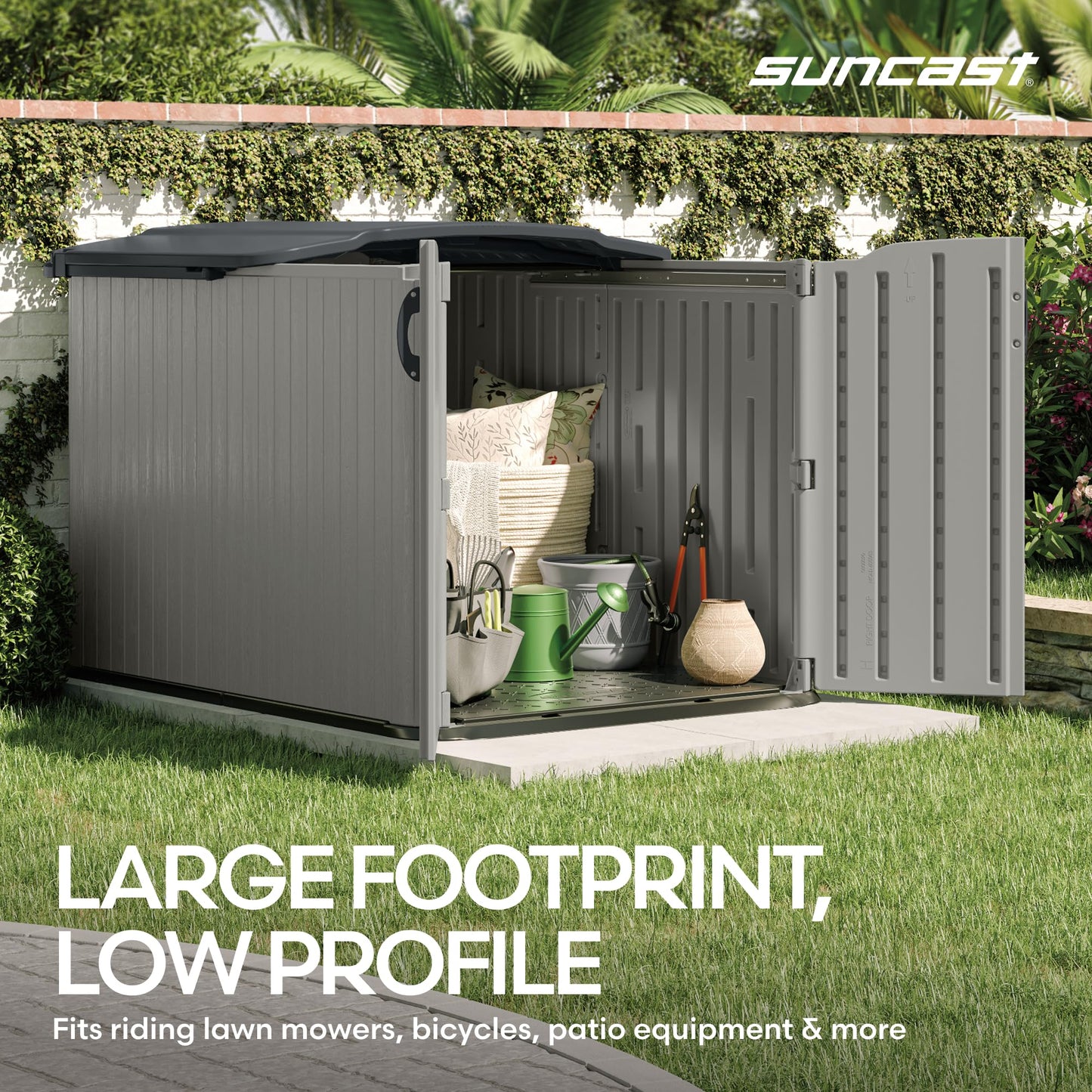 Suncast 138 Cu Ft Horizontal Outdoor Storage Shed, 57.5"x79.75"x52" Glidetop Outdoor Shed with Sliding Lid, Resin Storage Sheds with Floor for Bikes, Motorcycles, & Lawn Mower, Made in The USA