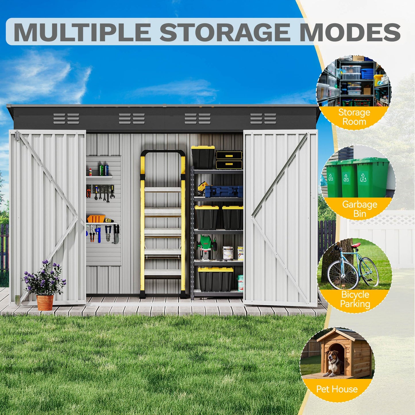 DWVO 9' x 4' Outdoor Storage Shed, Lockable Double Doors, Sloped Roof, Heavy-Duty Steel Shed for Garden & Patio, Large Backyard Tool Organizer, Dark Gray
