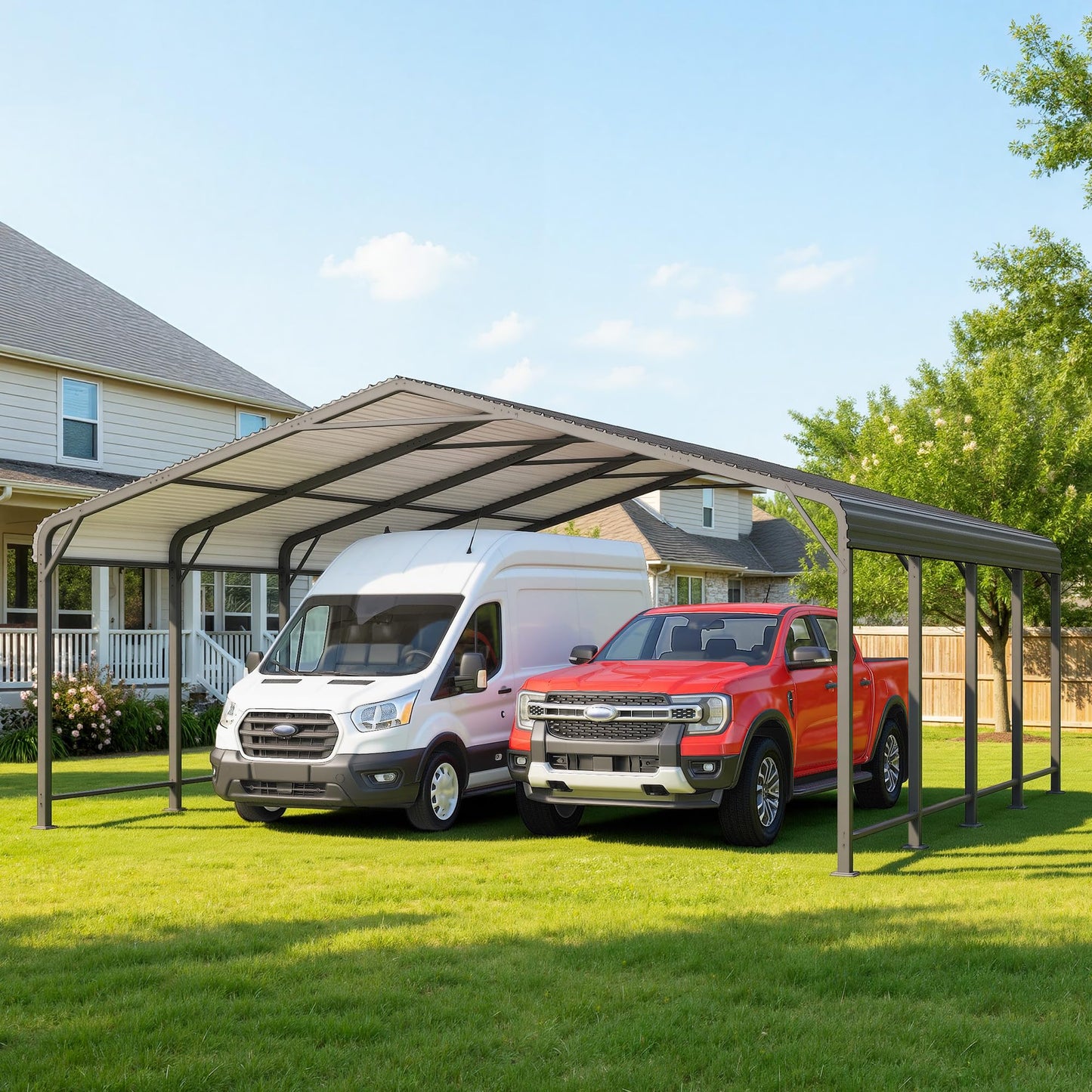 20x20 FT Car Port, Metal Carport for 2 Cars, Heavy Duty Canopy Carport with Updated Roof & Enhanced Base, Garage Vertaile Carports for RV Car, Truck, Boat, Tractors, Party, Grey