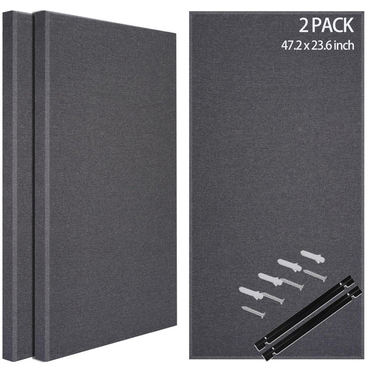 BUBOS 2-Pack Fabric Acoustic Panels with Hanging Hardware, 47.2" x 23.6" x 2" Large Soundproofing Wall Panels, High-Density Sound Absorbing Decor for Home Theater, Studio & Office,Grey