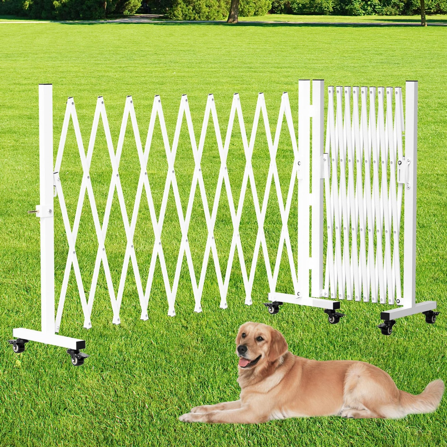 Retractable Outdoor Dog Gate, 207'' Wide Driveway Gate Expandable Portable Fence, Two-Segment 0-180 Degrees Rotatable Design Yard Garden Fence, Metal Safety Barrier Gates (White, 39.76 * 213)