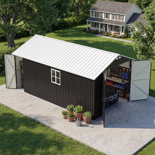 Patiowell 12x20 FT Enclosed Metal Carport, Large Heavy Duty Car Port with Galvanized Steel Frame, All-Weather Garage Car Shelter with 3 Lockable Doors & Windows for SUV, Boats and Trucks, Black