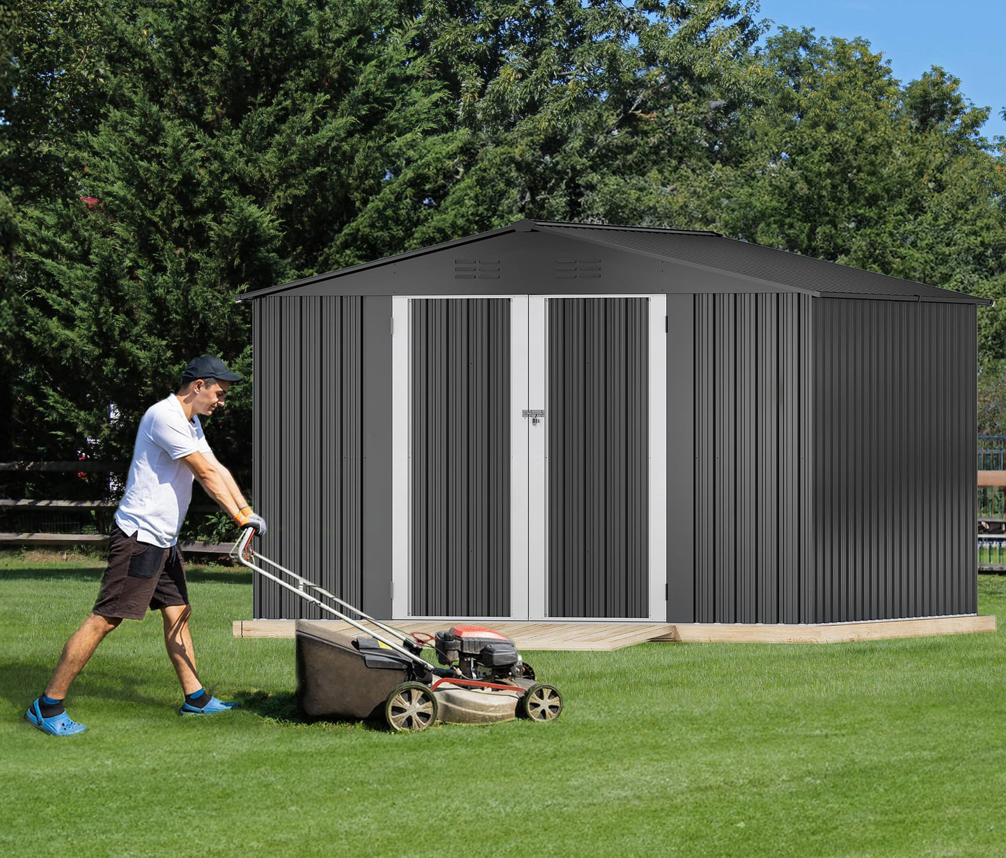 DWVO 10x8FT Outdoor Storage Shed, Spacious Metal Tool Shed with Lockable Doors & Ventilation for Patio, Lawn, and Backyard, Ideal for Storing Garden Equipment, Lawnmowers, and Bicycles, Dark Gray