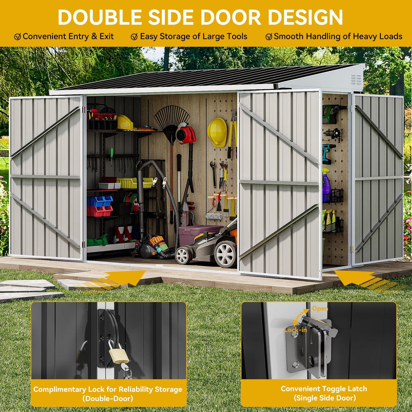DWVO Outdoor Storage Shed, Waterproof Metal Garden Shed with Lockable Door, Storage Shed for Bike, Garbage Can, Lawnmower, Tool (4 x 8 FT)