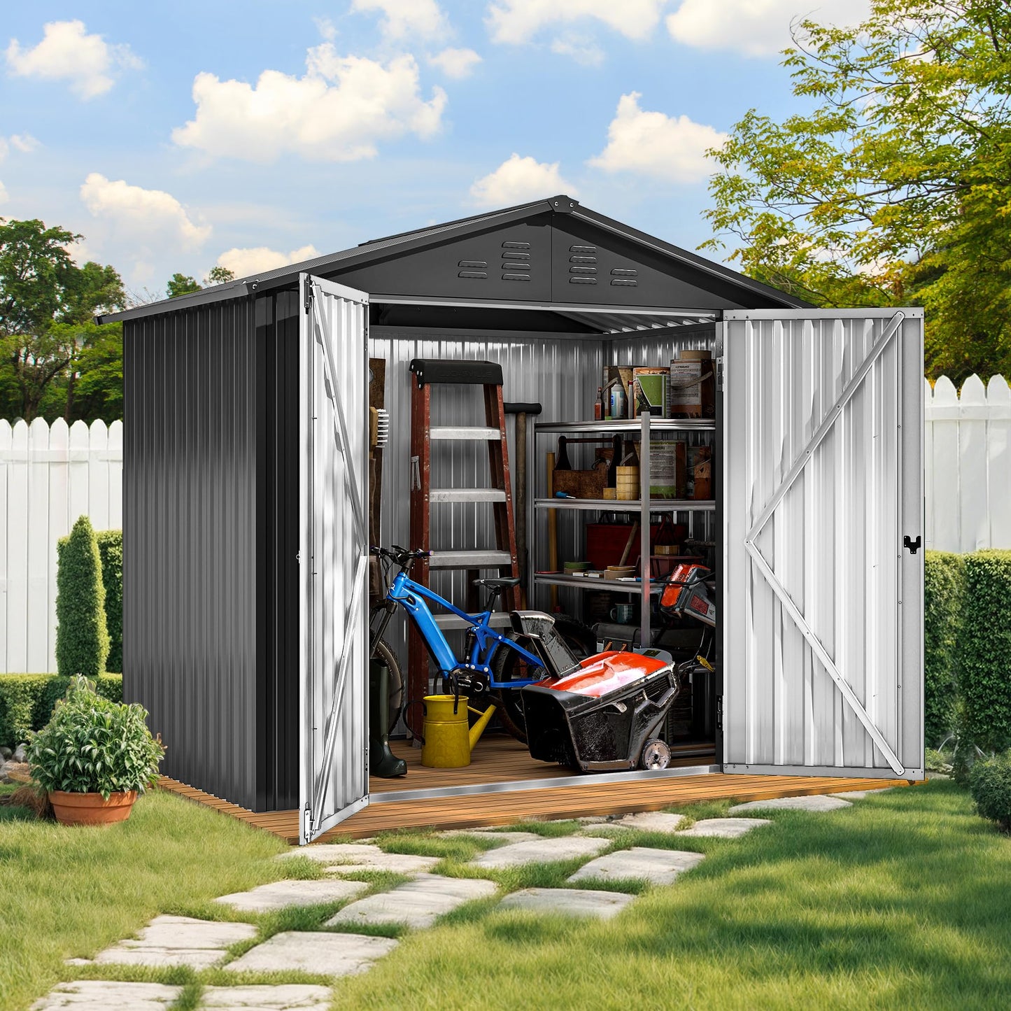 DWVO 6x4ft Metal Outdoor Storage Shed, Lockable Tool Storage Sheds, Oversized Steel Garden Sheds with Sloped Roof for Backyard, Patio, Garage, Lawn, Dark Gray