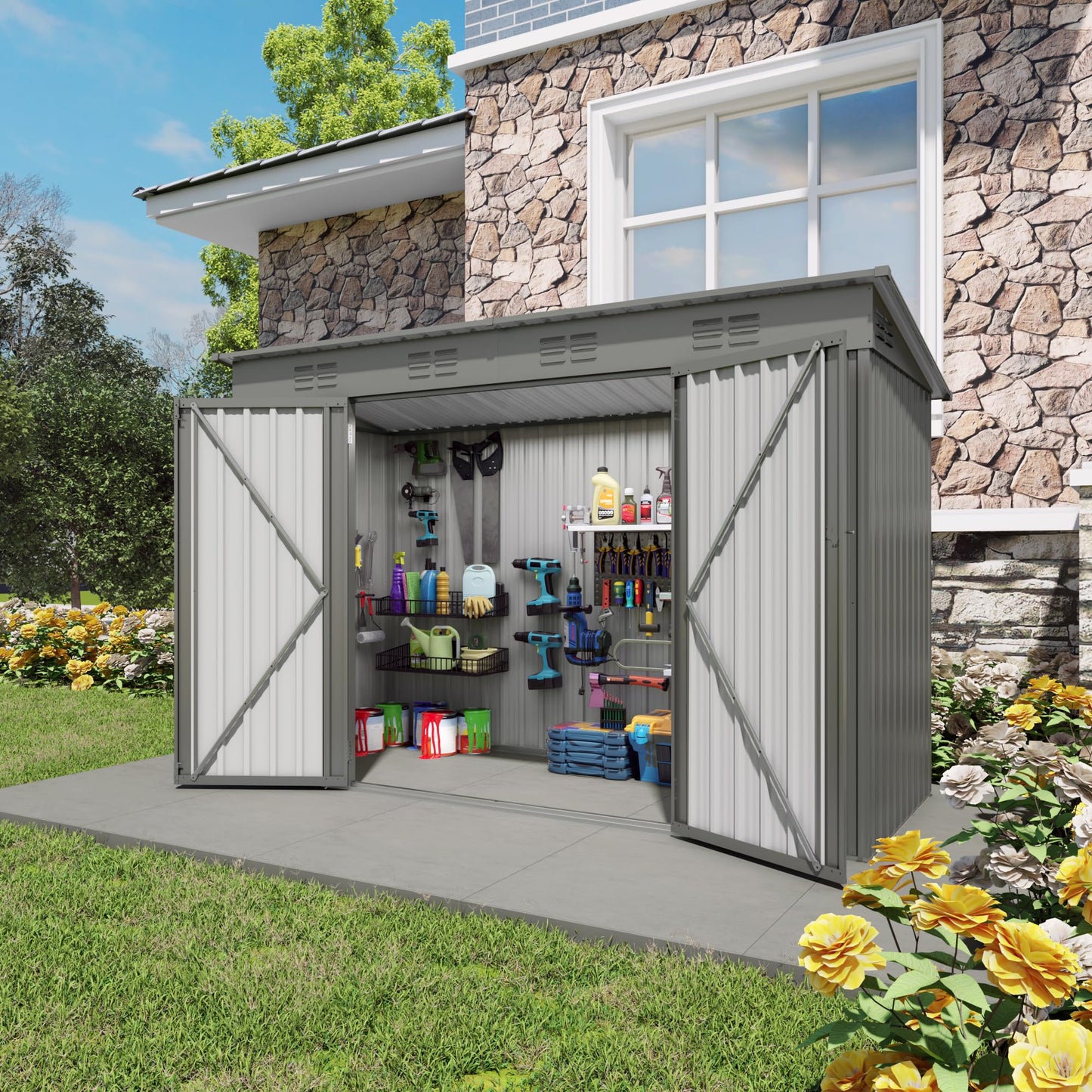 Outdoor Metal Storage Shed, Galvanized Steel Garden Shed with Sloped Roof & Vents, Waterproof Rust-Resistant Backyard Tool Shed for Patio Lawn Garden Trash Can Storage, Easy Assembly