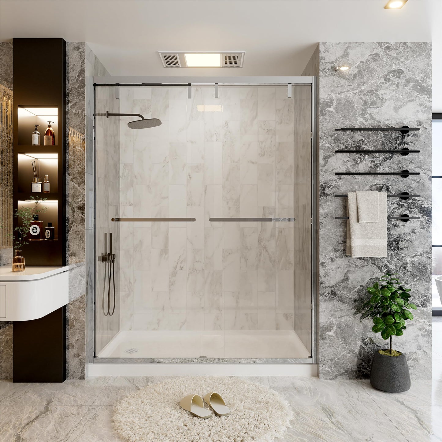 56–60" W x 76" H Chrome Double Sliding Shower Door, Semi-Frameless Soft-Close Bypass Shower Glass Door with 5/16" (8mm) SGCC Tempered Glass and Explosion-Proof Film