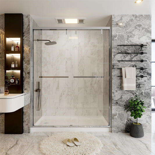 56–60" W x 76" H Chrome Double Sliding Shower Door, Semi-Frameless Soft-Close Bypass Shower Glass Door with 5/16" (8mm) SGCC Tempered Glass and Explosion-Proof Film