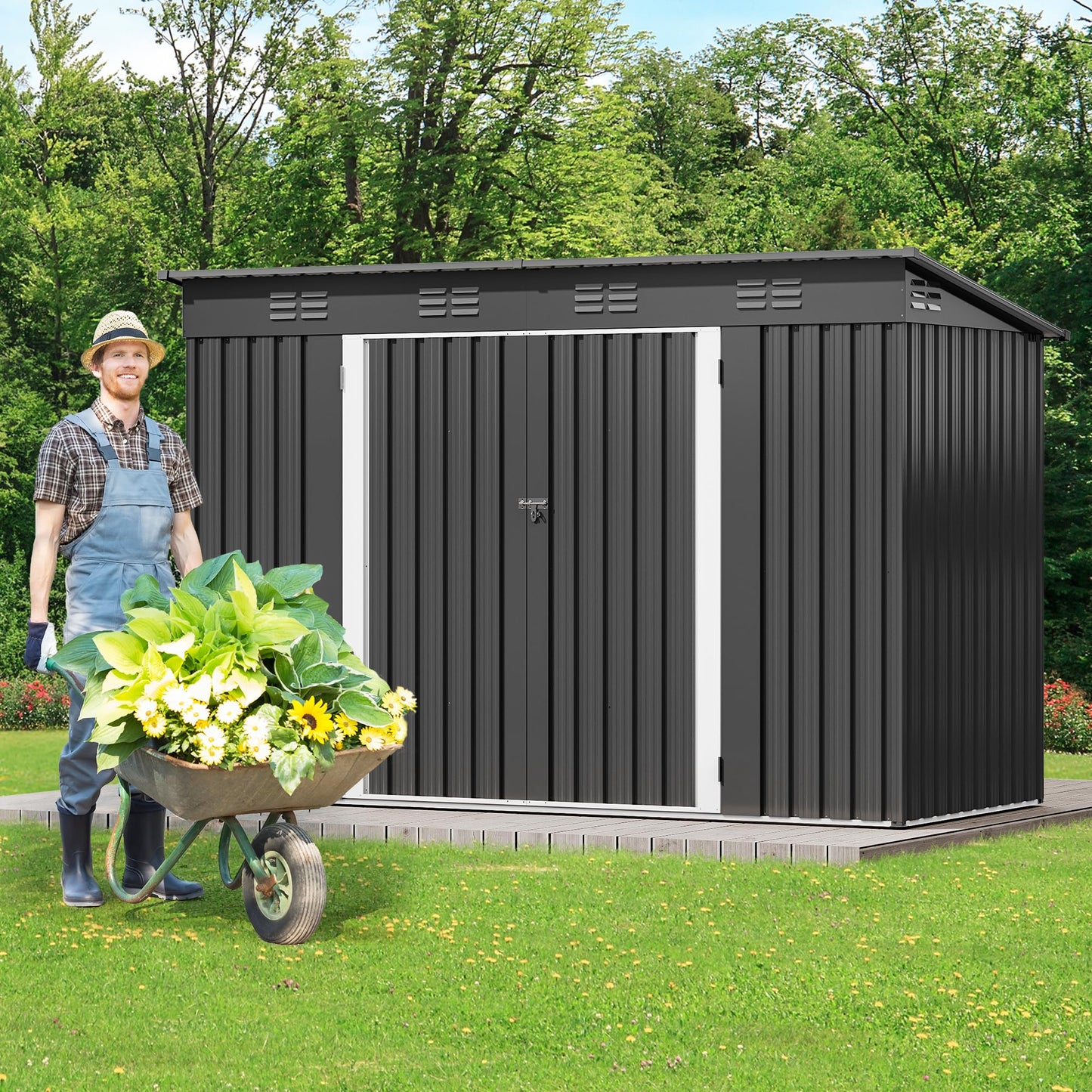 DWVO 9x4ft Metal Outdoor Storage Shed with Window, Lockable Tool Storage Sheds, Oversized Steel Garden Sheds with Sloped Roof for Backyard, Patio, Garage, Lawn, Dark Gray