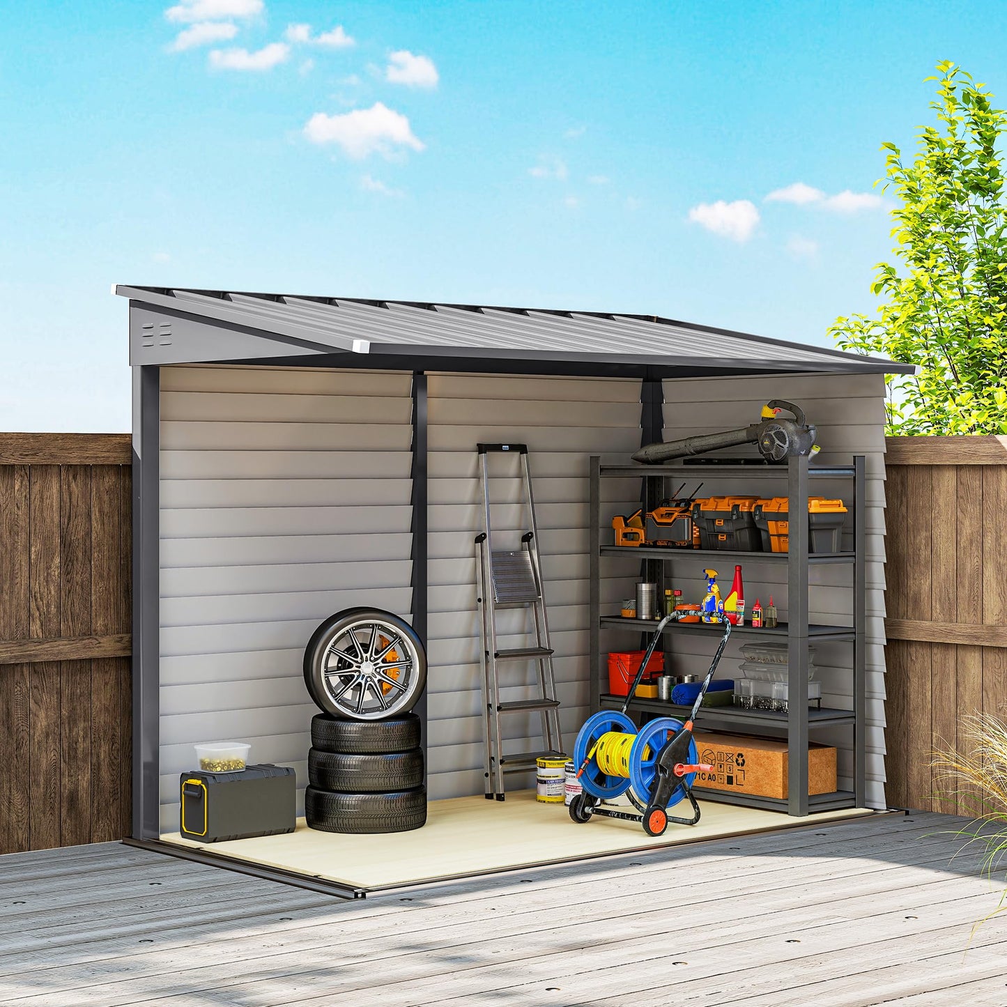 Outsunny 4.6' x 9' Steel Outdoor Storage Shed, Waterproof Lean to Shed, Metal Garden Tool House with Foundation Kit, Lockable Doors, Gloves and 2 Air Vents for Backyard, Patio, Lawn, Gray