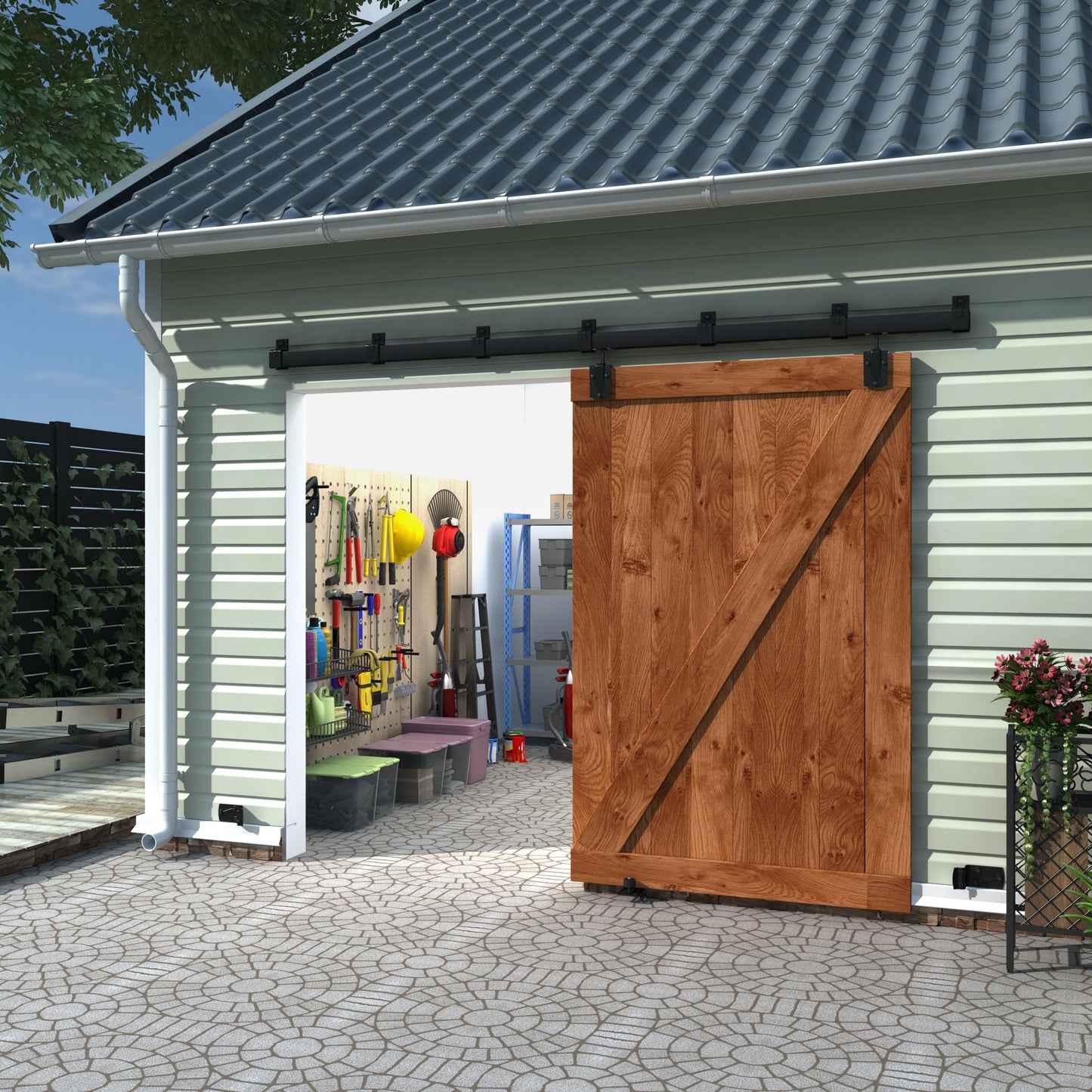 WEWORTH 9FT Black Box Rail Exterior Sliding Barn Door Hardware Track Kit, Heavy Duty Barn Door Track Set, Wall Mount Outdoor Weatherproof Single Barn Door Hardware with 5 Track Brackets(No Doors）
