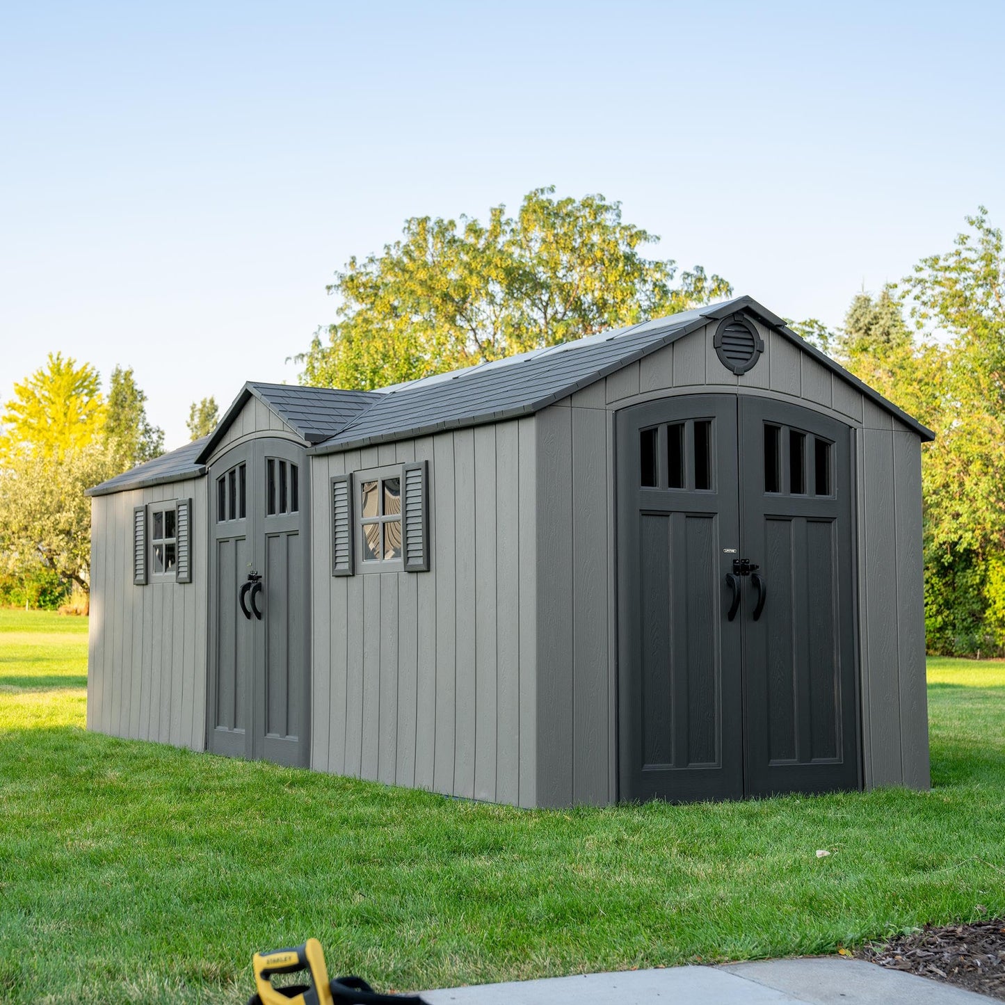 Lifetime 20x8 Ft Outdoor Storage Shed, Gray HDPE Construction, Steel-Reinforced Walls, Dual-Entry Design with Lockable Doors, Skylights, Adjustable Shelving System, Snow Load Kit Included