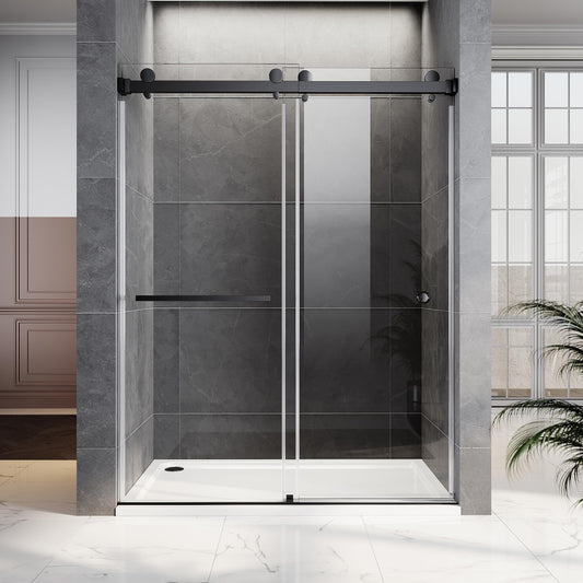UKD01 66 to 72 in. W x 76 in. H Double Sliding Frameless Shower Doors - Stainless Steel 3/8" (10mm) Certified Tempered Glass 72x76-MBL