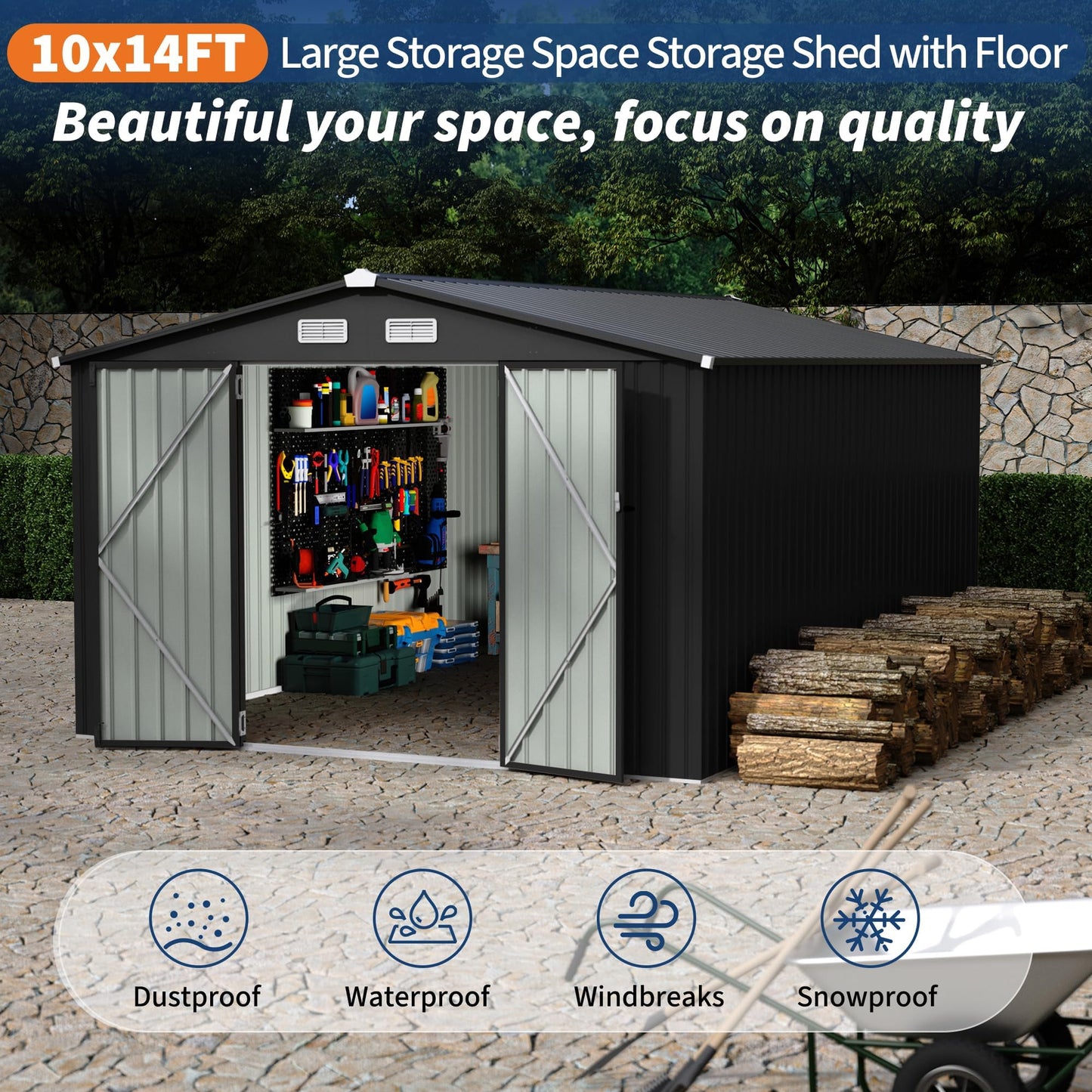 10x14 FT Outdoor Storage Shed, Weatherproof Outdoor Metal Storage Shed, Galvanized Steel Garden Shed with Lockable Doors & Vents, Heavy Duty Sheds & Outdoor Storage for Backyard Lawn Equipment and Bik