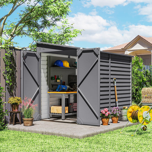 Outsunny 4.6' x 9' Steel Outdoor Storage Shed, Waterproof Lean to Shed, Metal Garden Tool House with Foundation Kit, Lockable Doors, Gloves and 2 Air Vents for Backyard, Patio, Lawn, Gray