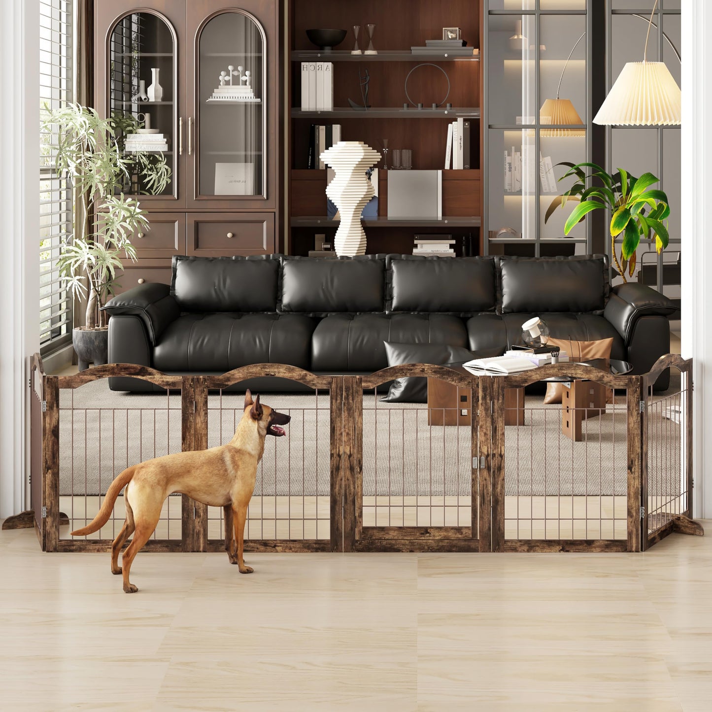Vantas Folding No-Assembly Dog Door Pet Gate 144" Wide, 30" Tall Wooden Dog Gate with Door Walk Through, Freestanding Wire Pet Gate, Pet Puppy Safety Fence, with 2PCS Support - Rustic Brown