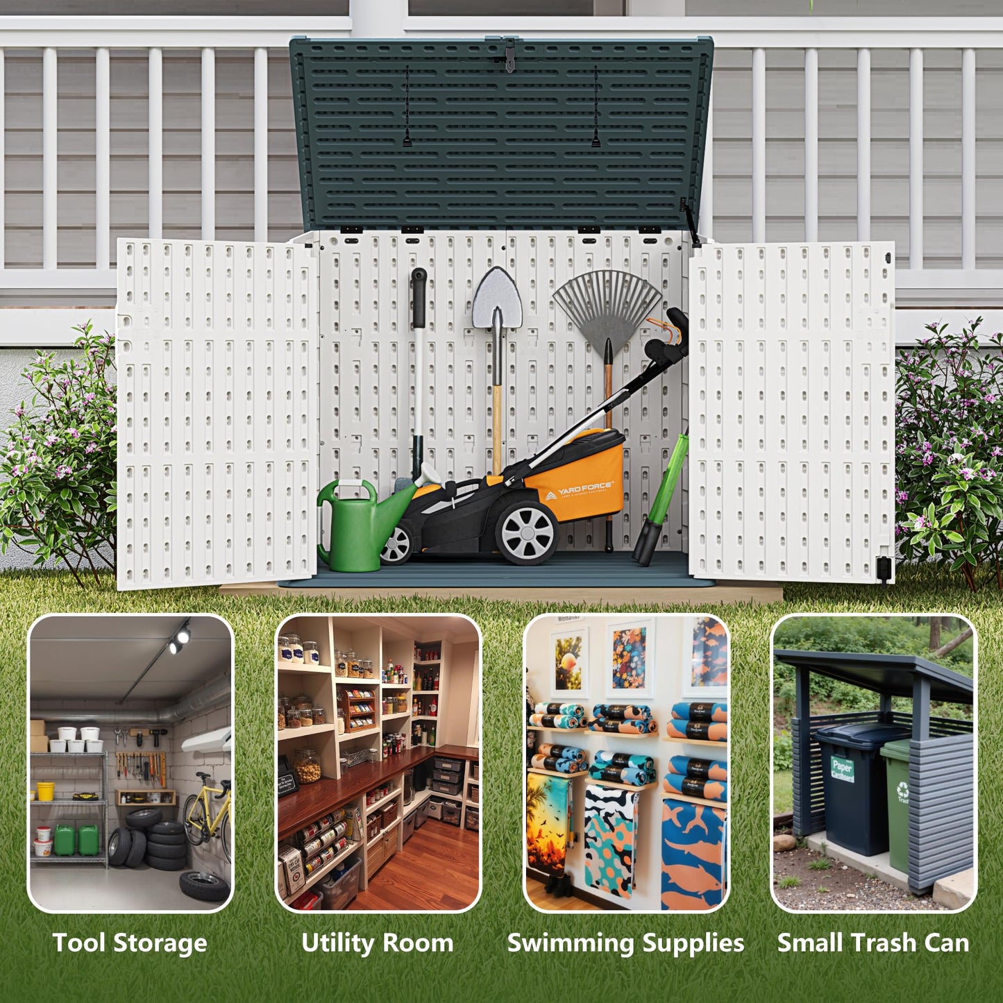 Greesum Outdoor Trash Can Storage Shed, 34 Cu.ft Horizontal Outdoor Storage Cabinet, Waterproof for Garden, Pool Storage, Garbage Cans, Beige