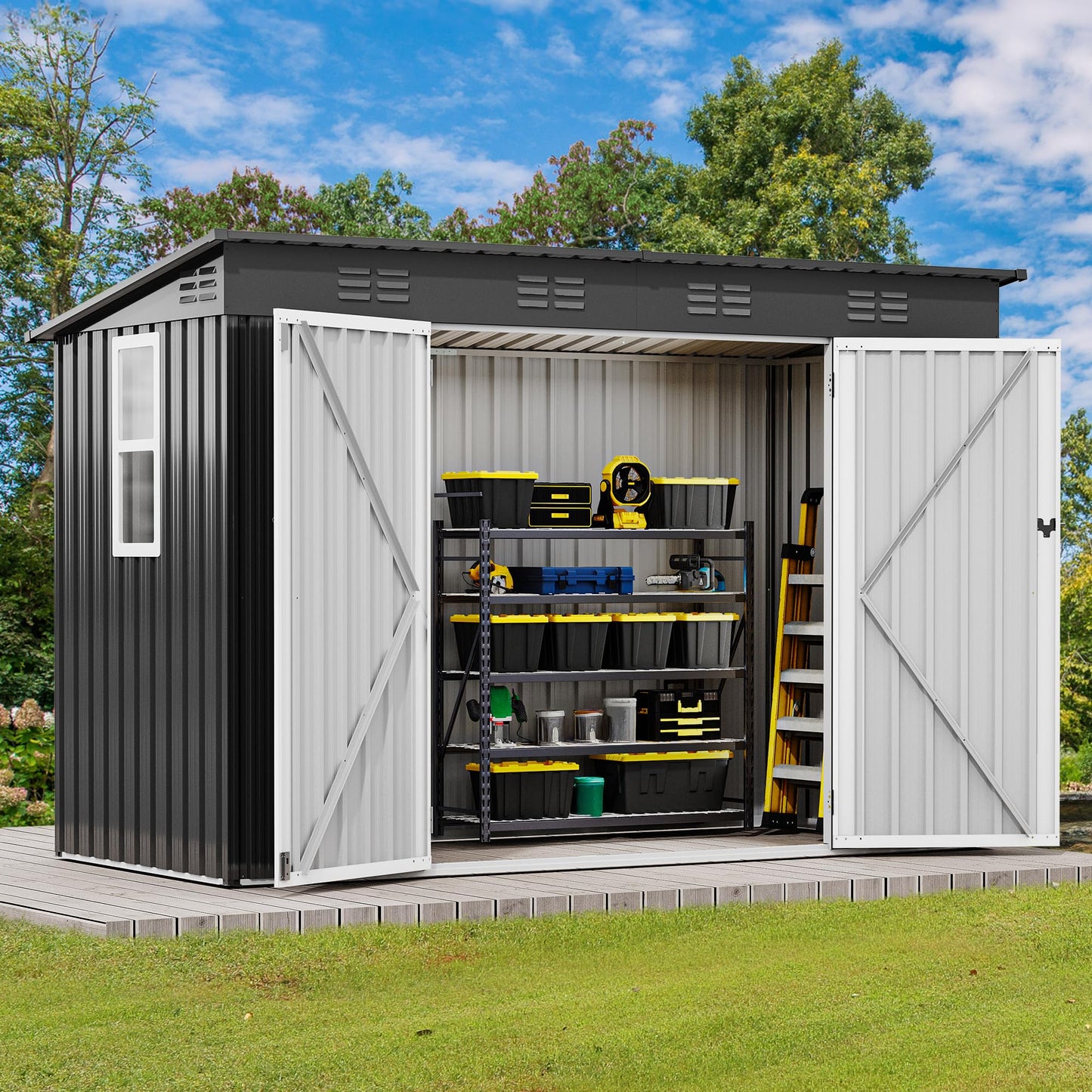 DWVO 9x4ft Metal Outdoor Storage Shed with Window, Lockable Tool Storage Sheds, Oversized Steel Garden Sheds with Sloped Roof for Backyard, Patio, Garage, Lawn, Dark Gray