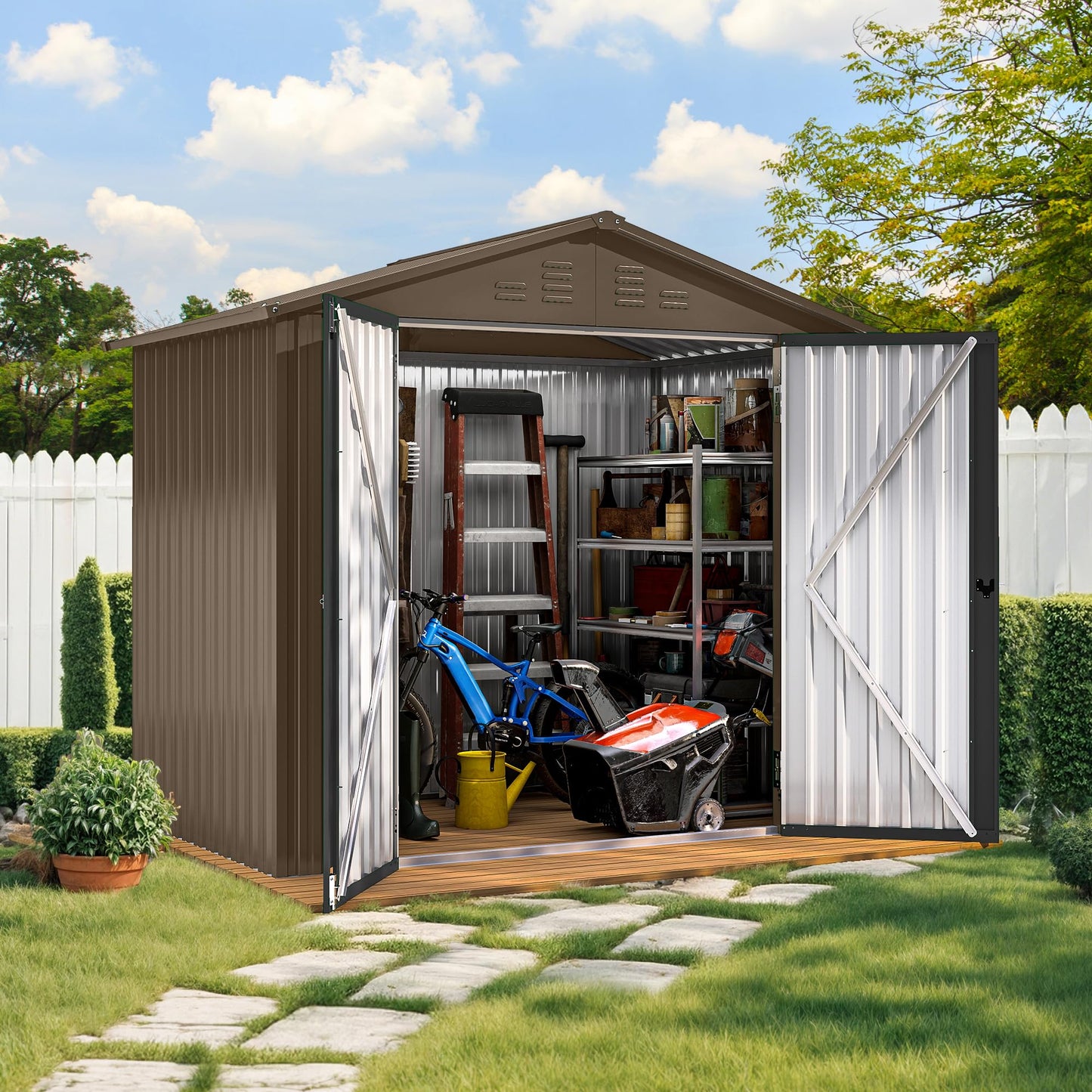 DWVO 6x4ft Tool Storage Shed, Lockable Doors, and Sloped Roof, Steel Outdoor Storage Shed for Garden, Patio, Garage, Backyard, Lawn - Brown