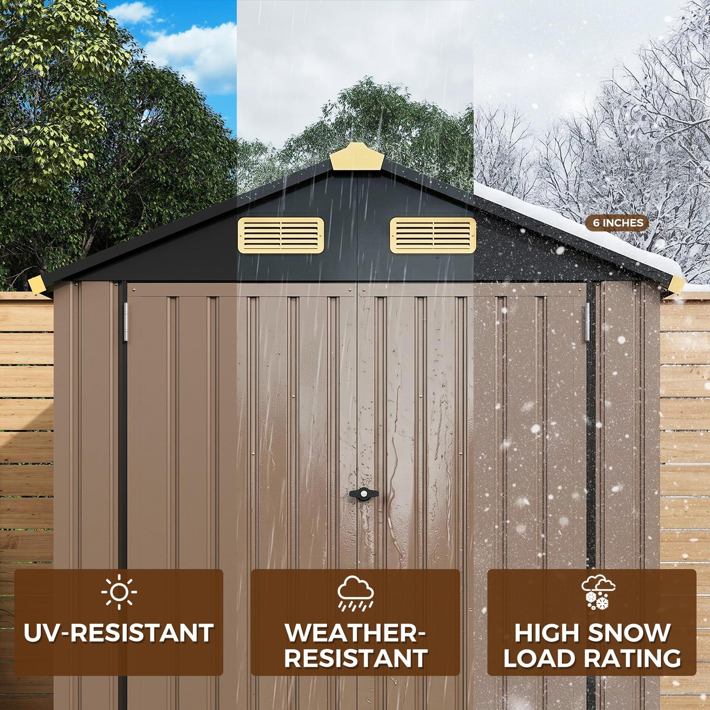 IRONCK 6×6 FT Shed, Galvanized Steel Tool Storage Shed with Lockable Double Doors & Ventilation, Outdoor Utility Storage for Wheelbarrow, Bikes, Yard Bins, Black Brown