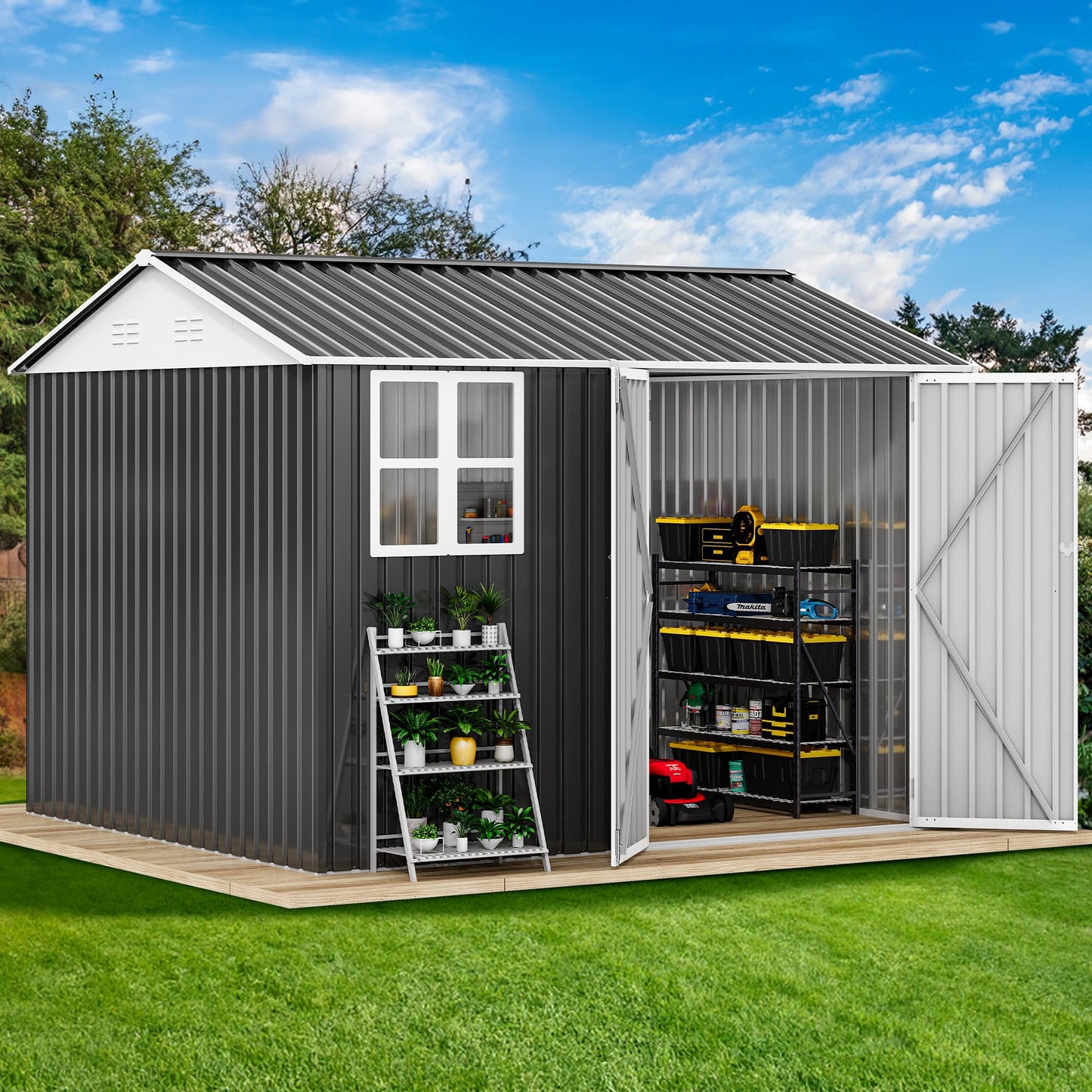 DWVO 10x8ft Metal Outdoor Storage Shed with Window, Lockable Tool Storage Sheds, Oversized Steel Garden Sheds with Sloped Roof for Backyard, Patio, Garage, Lawn (Gray + White)