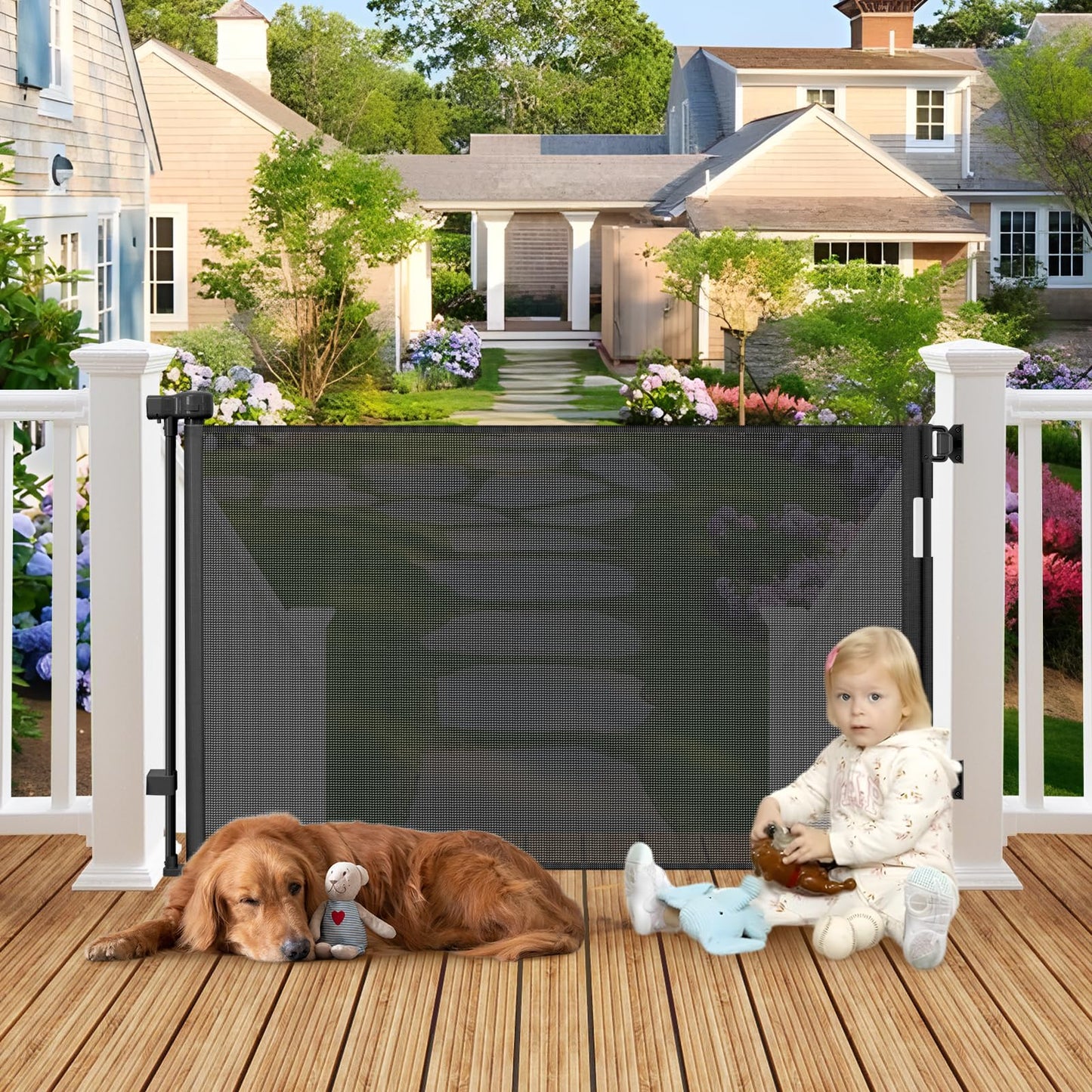 Weatherproof Outdoor Retractable Gate for Dogs with No Rust Stainless Steel Screws and Rods, 55" Wide Waterproof Retractable Baby Gates, Scratch-Resistant Mesh Safety Outdoor Pet Gate for Deck, Black
