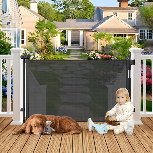 Weatherproof Outdoor Retractable Gate for Dogs with No Rust Stainless Steel Screws and Rods, 55" Wide Waterproof Retractable Baby Gates, Scratch-Resistant Mesh Safety Outdoor Pet Gate for Deck, Black
