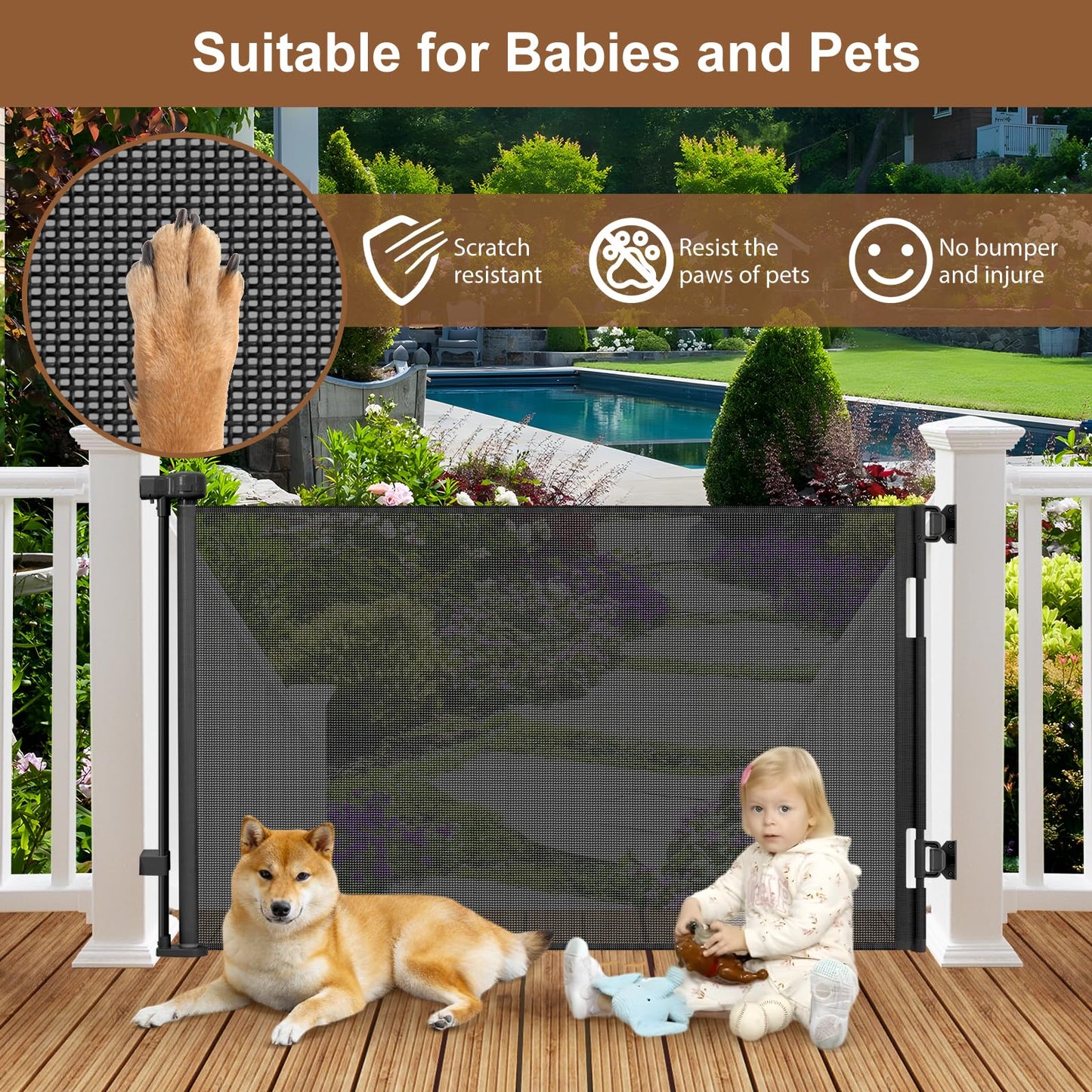 Weatherproof Outdoor Retractable Gate for Dogs with No Rust Stainless Steel Screws and Rods, 55" Wide Waterproof Retractable Baby Gates, Scratch-Resistant Mesh Safety Outdoor Pet Gate for Deck, Black