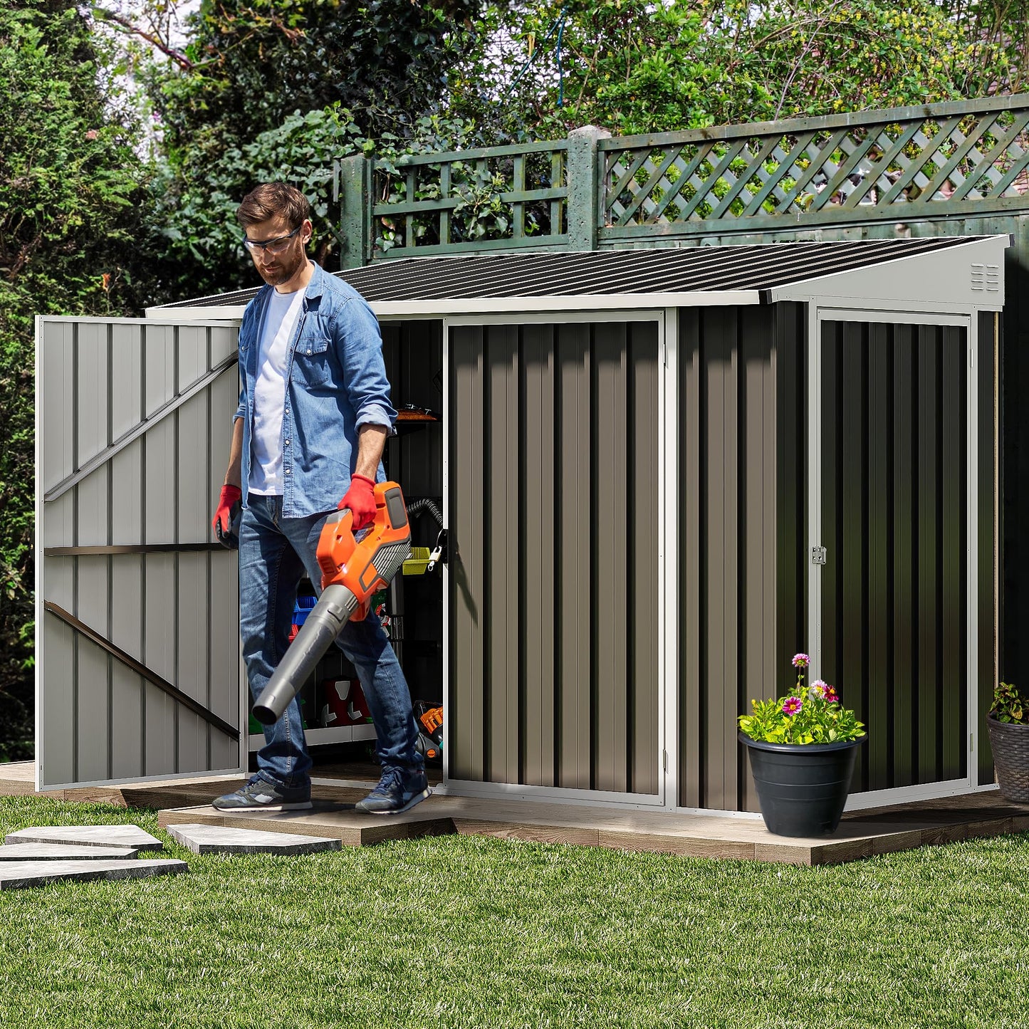 DWVO Outdoor Storage Shed, Waterproof Metal Garden Shed with Lockable Door, Storage Shed for Bike, Garbage Can, Lawnmower, Tool (4 x 8 FT)